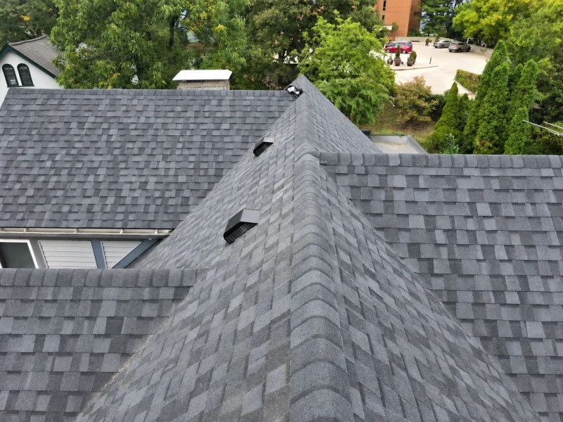 Aerial view of a completed asphalt shingle roof replacement on Cincinnati home